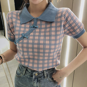 Checkered Polo Cheongsam Knit Top