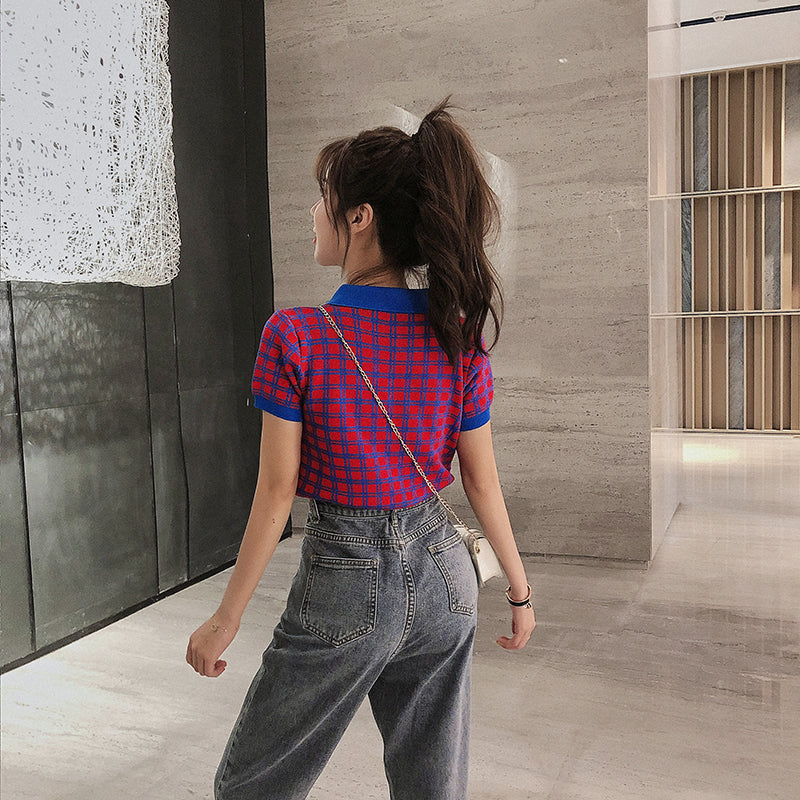 Checkered Polo Cheongsam Knit Top