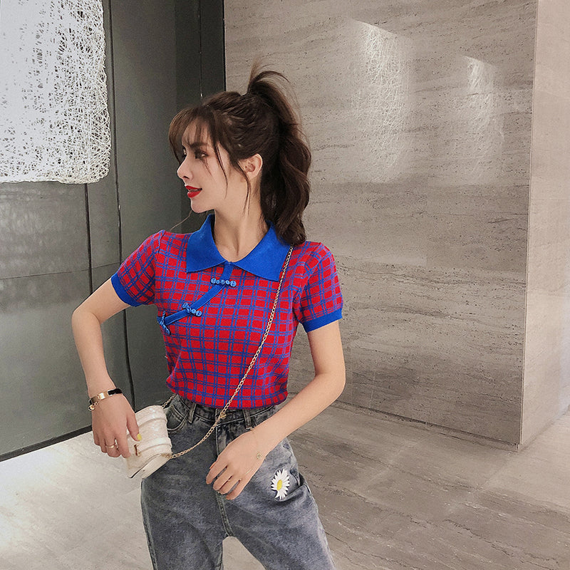 Checkered Polo Cheongsam Knit Top