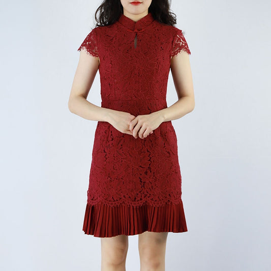 Cheongsam Lace Pleated Hem Dress