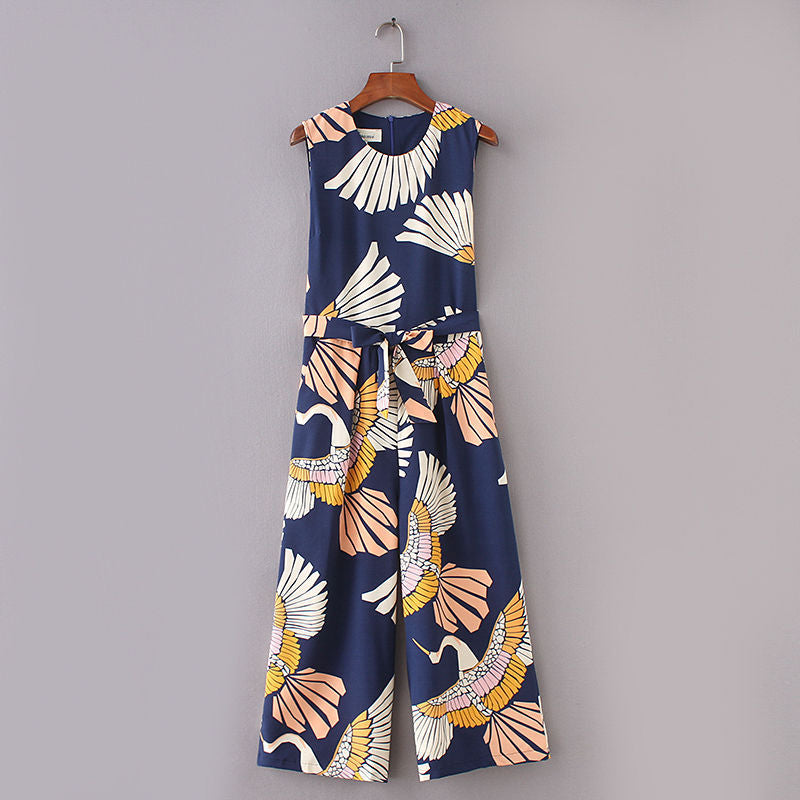 Crane Print Long Romper