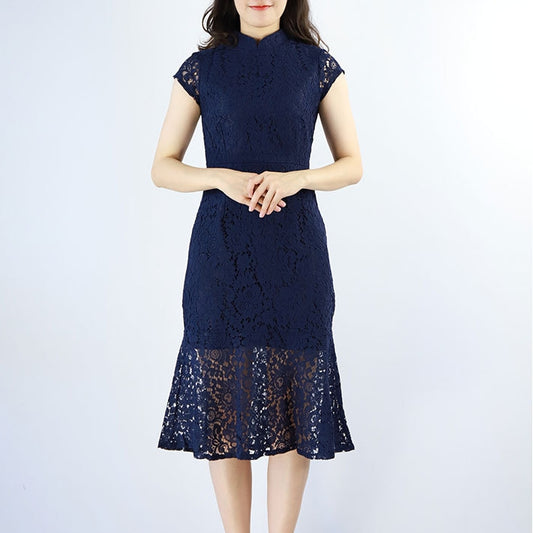 Mandarin Collar Lace Mermaid Dress