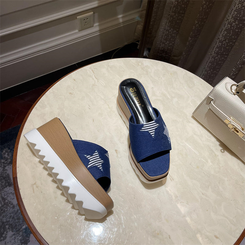 Dallas Star Denim Platform Slides