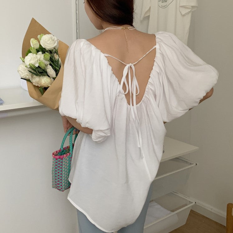 Skye Low Back Ribbon Puff Sleeve Blouse