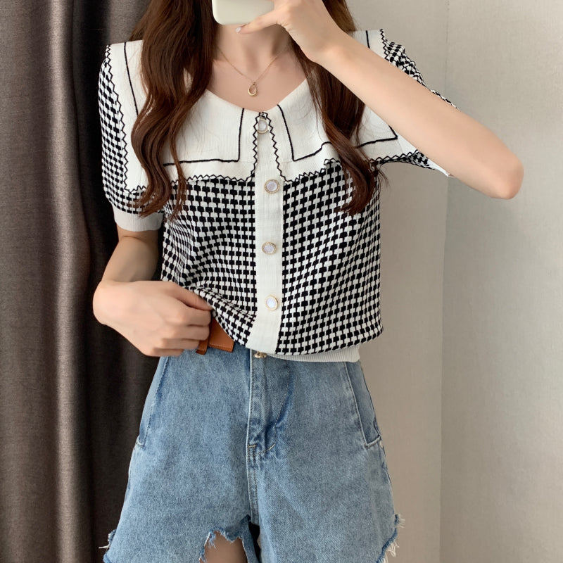 Krissy Checkered Flap Knit Collar Top