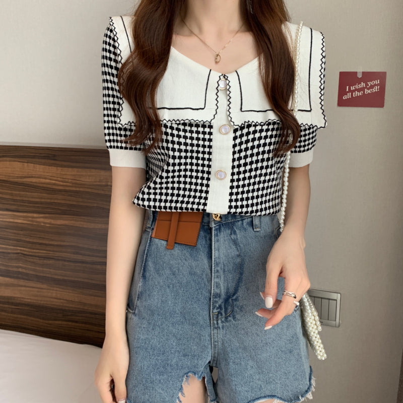 Krissy Checkered Flap Knit Collar Top