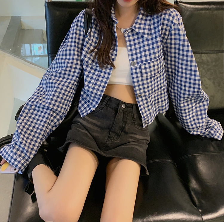 Ria Checkered Collared Crop Jacket