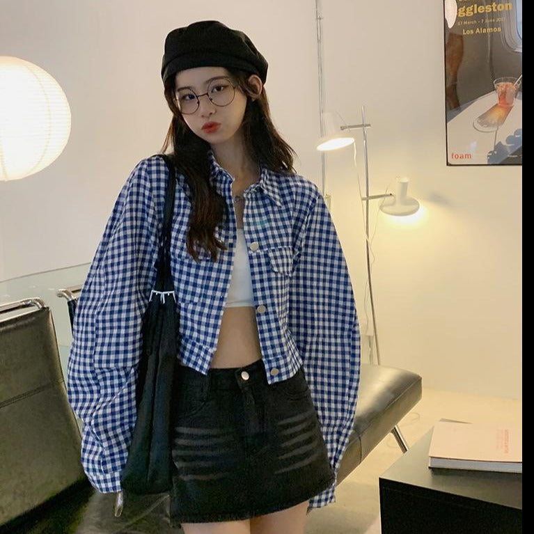 Ria Checkered Collared Crop Jacket