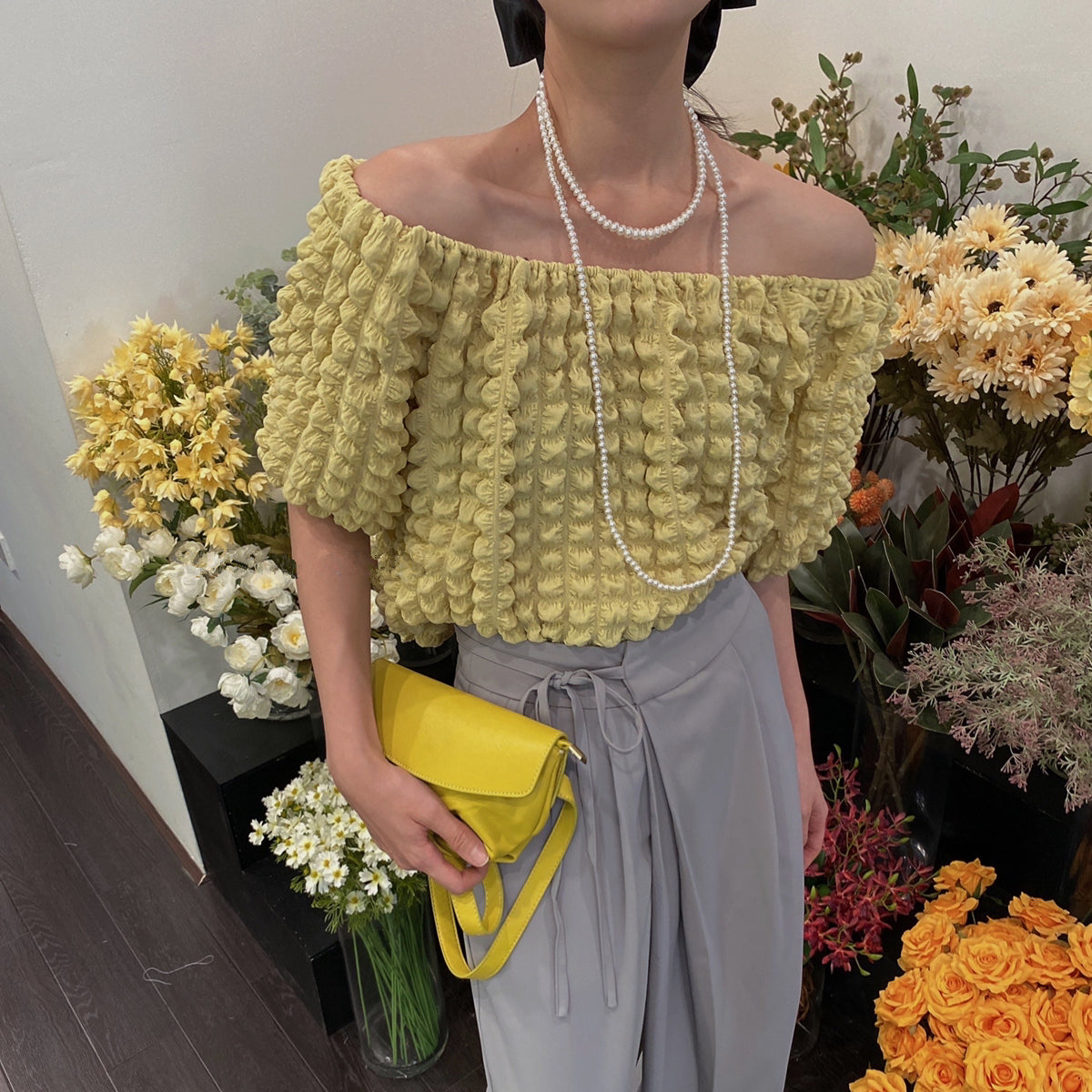 Elydea Textured Puff Sleeve Off Shoulder Top