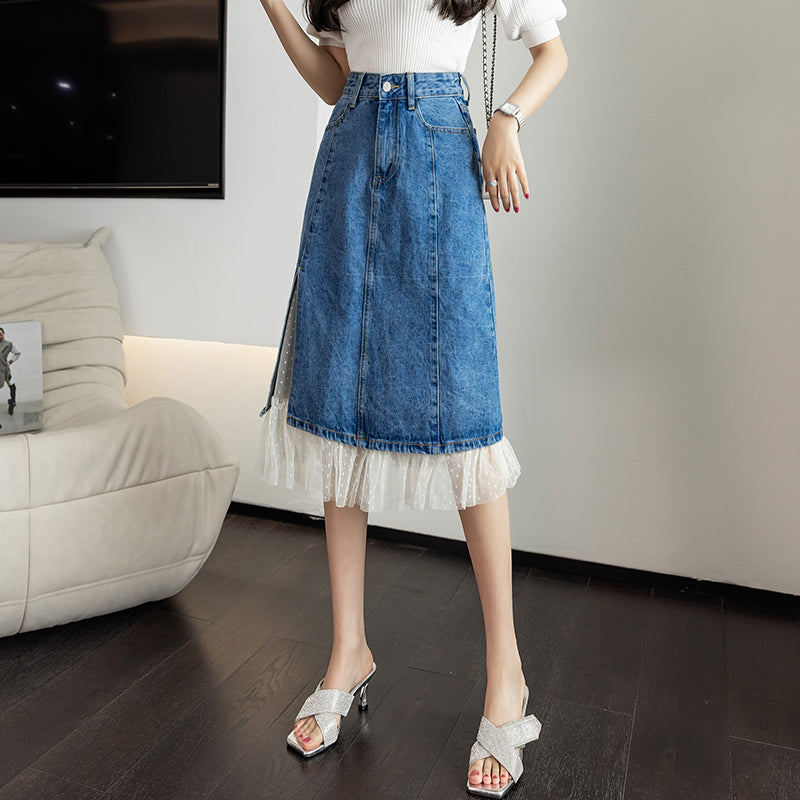 Bella-Rose Lacy Ends High Waist Denim Slit Skirt