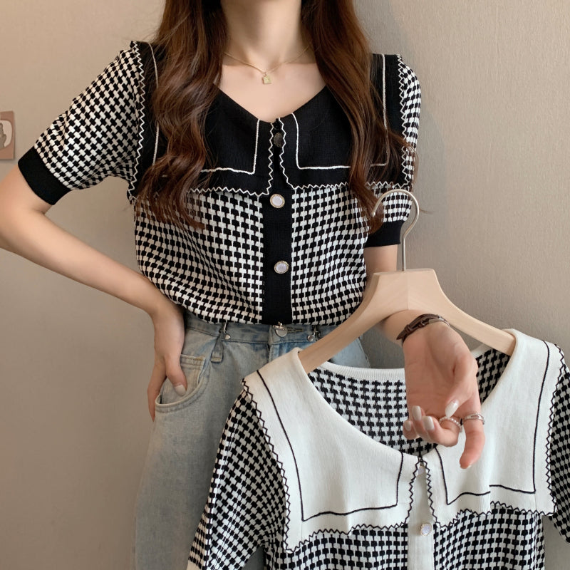 Krissy Checkered Flap Knit Collar Top