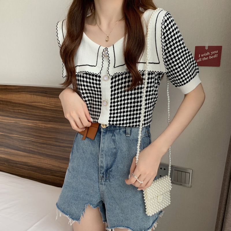 Krissy Checkered Flap Knit Collar Top