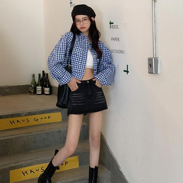 Ria Checkered Collared Crop Jacket