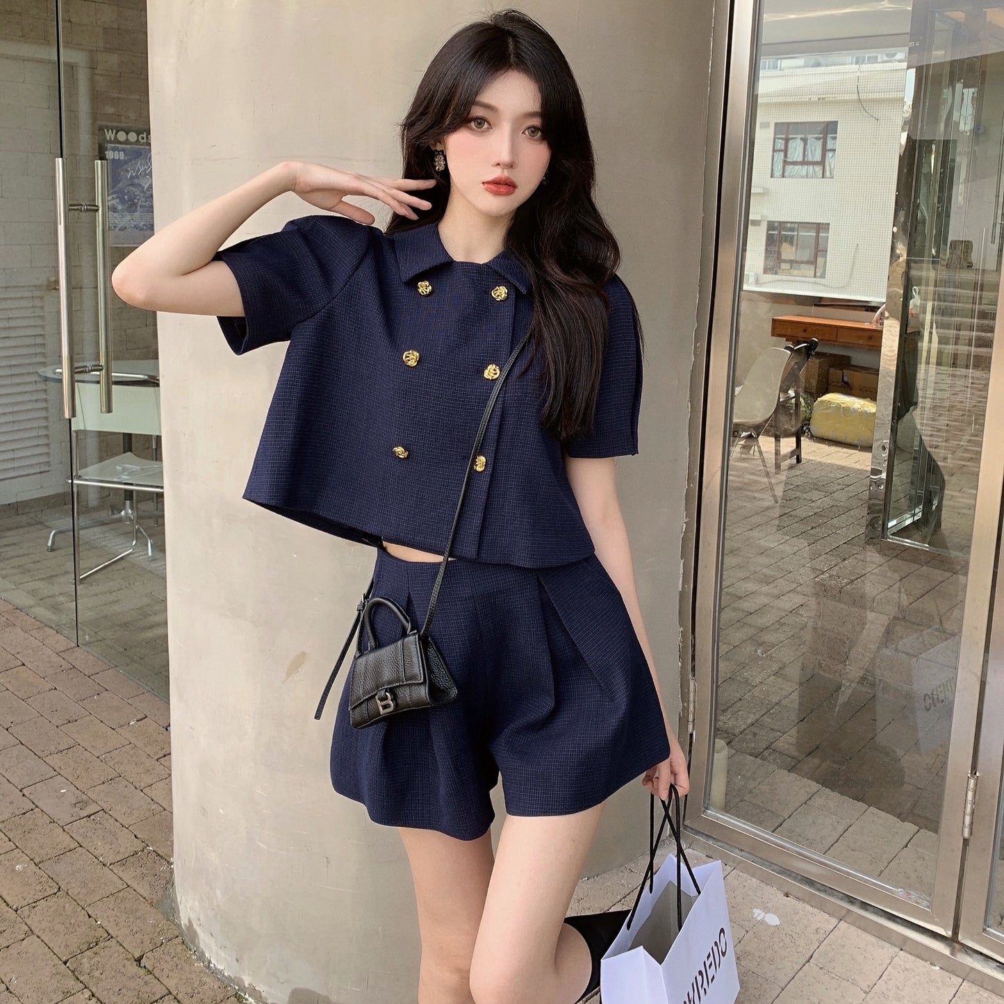 Aubrey 2pc Gold Button Blouse/Shorts