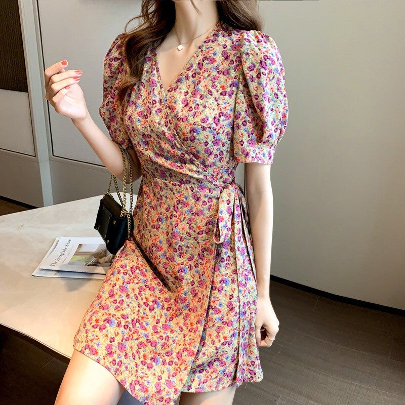 Bubble Sleeve Floral Wrap Dress