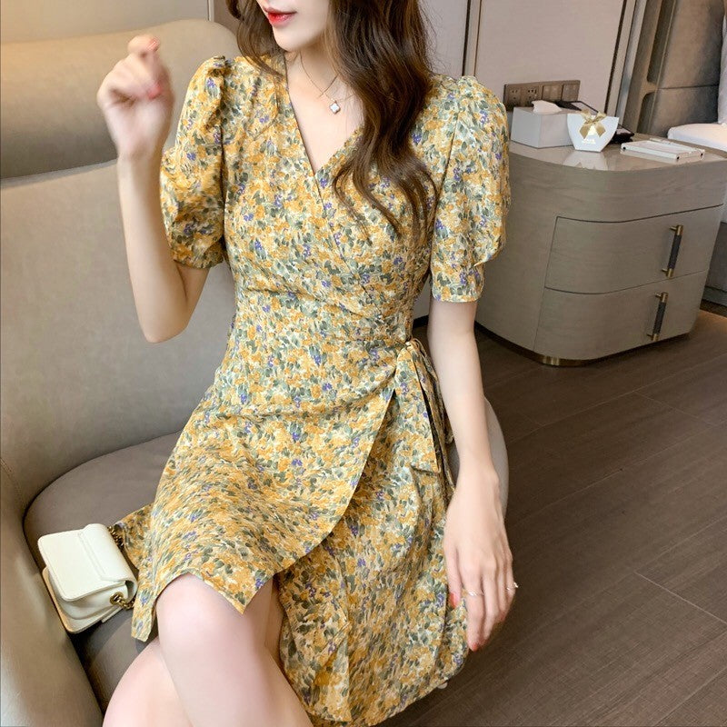 Bubble Sleeve Floral Wrap Dress