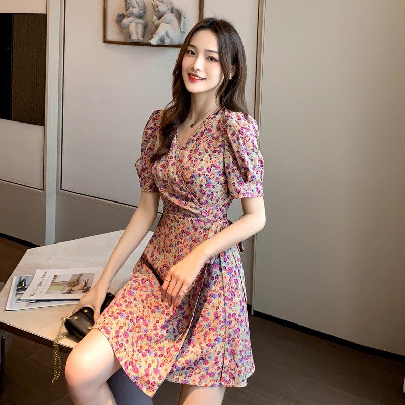 Bubble Sleeve Floral Wrap Dress