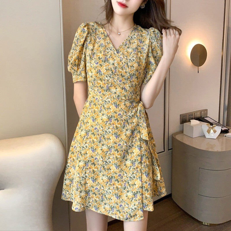 Bubble Sleeve Floral Wrap Dress