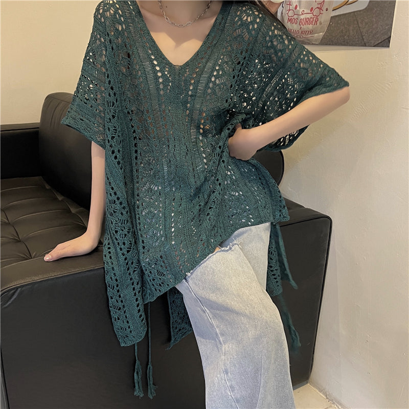 Sage Hollow Lace Up Batwing Top