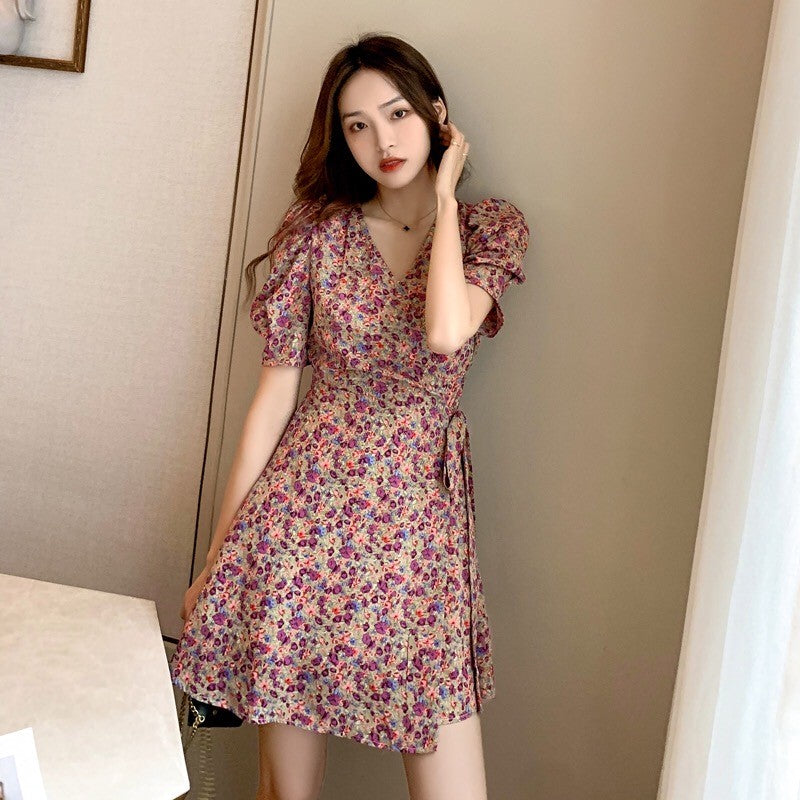 Bubble Sleeve Floral Wrap Dress