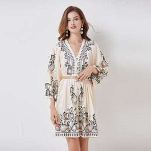 Mya Bohemian Lantern Sleeve Dress with Belt