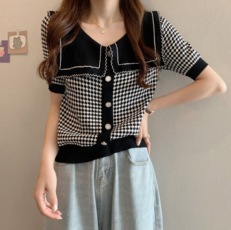 Krissy Checkered Flap Knit Collar Top