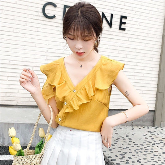 Ruffle Slant Button Top