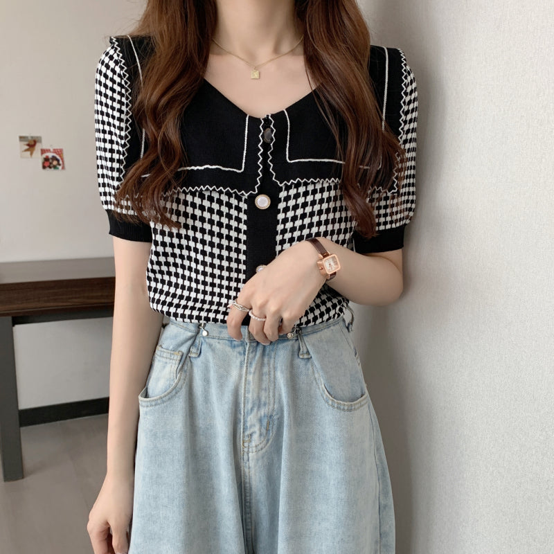 Krissy Checkered Flap Knit Collar Top