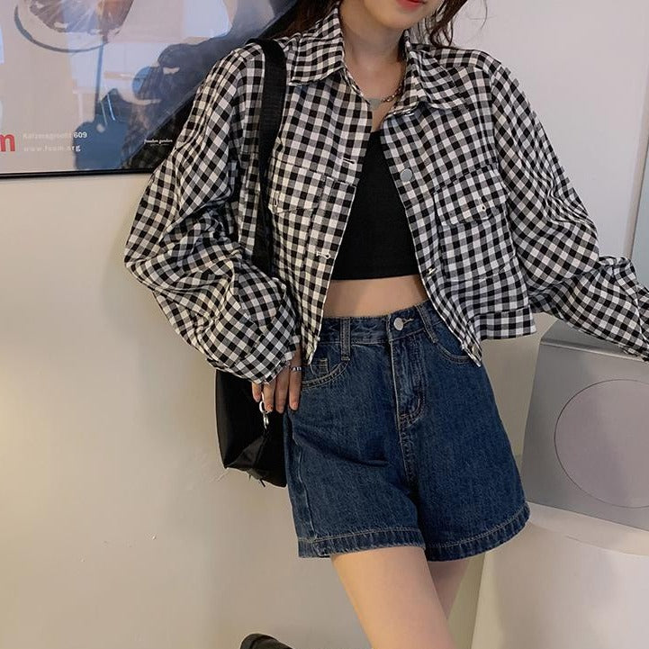 Ria Checkered Collared Crop Jacket