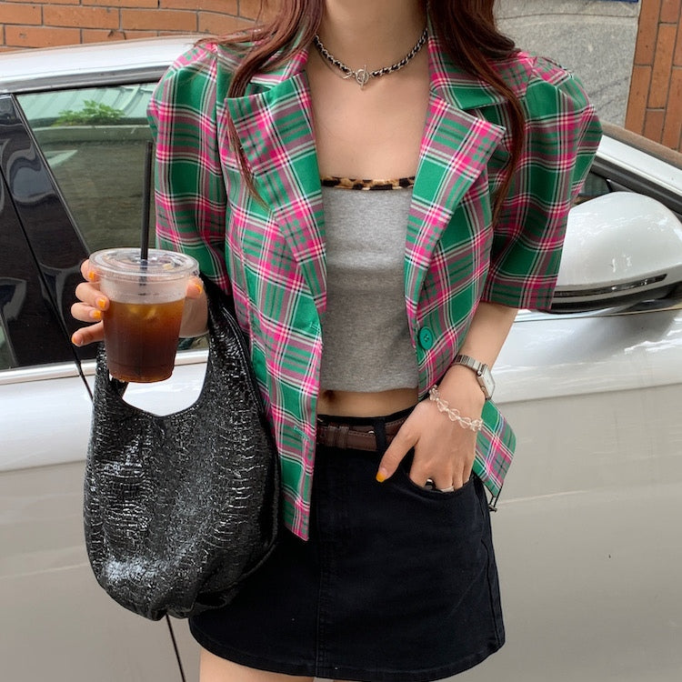 Maddy Checkered Crop Blazer Top