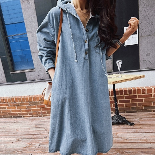 Hadia Denim Hooded Loose Fit Dress