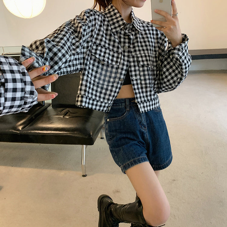 Ria Checkered Collared Crop Jacket