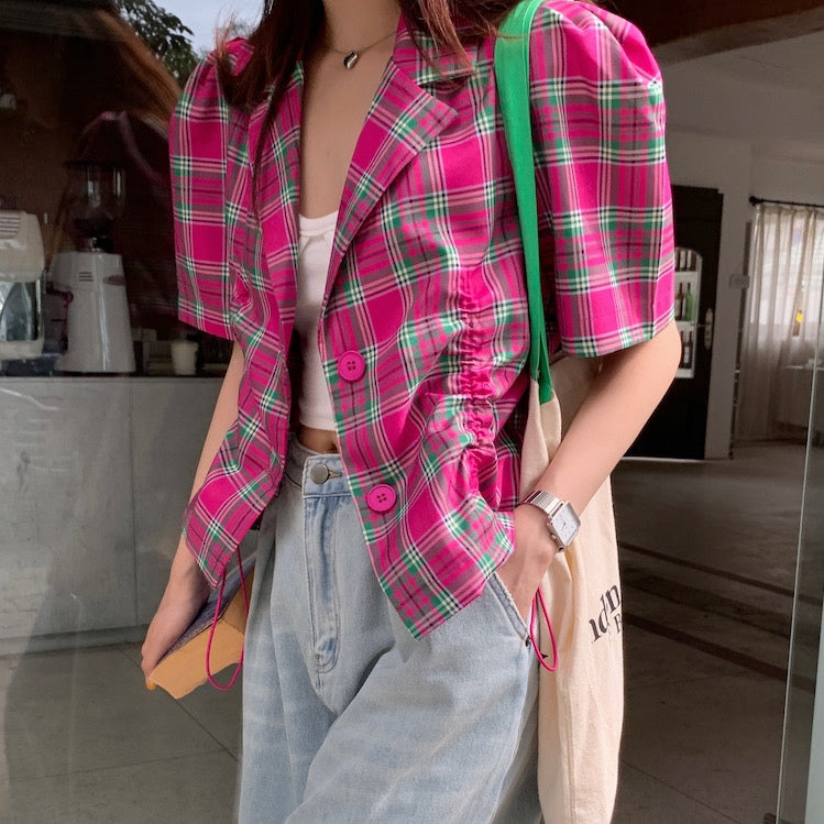 Maddy Checkered Crop Blazer Top