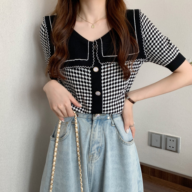 Krissy Checkered Flap Knit Collar Top