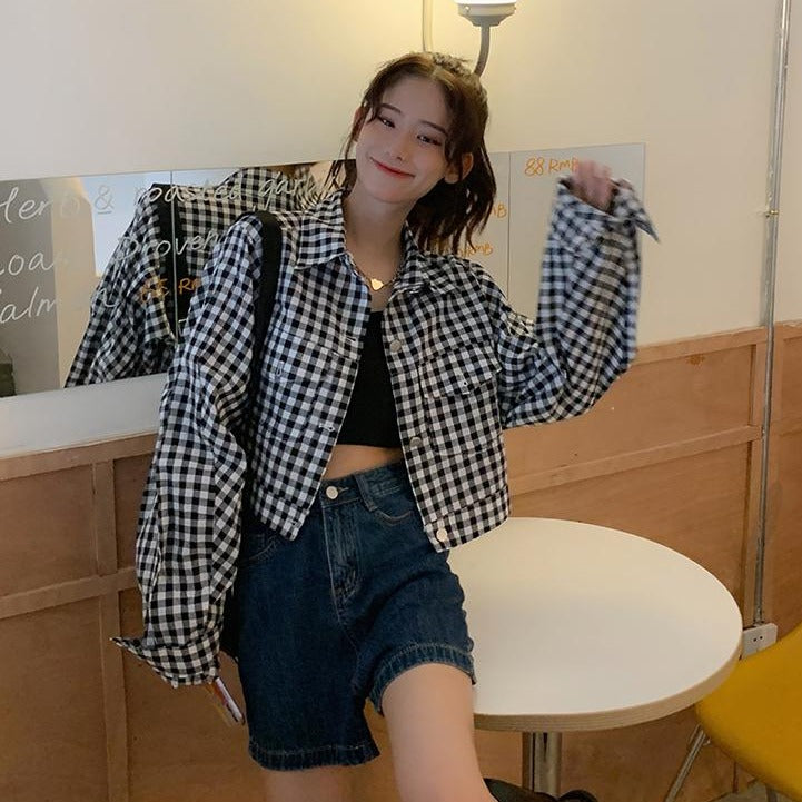 Ria Checkered Collared Crop Jacket