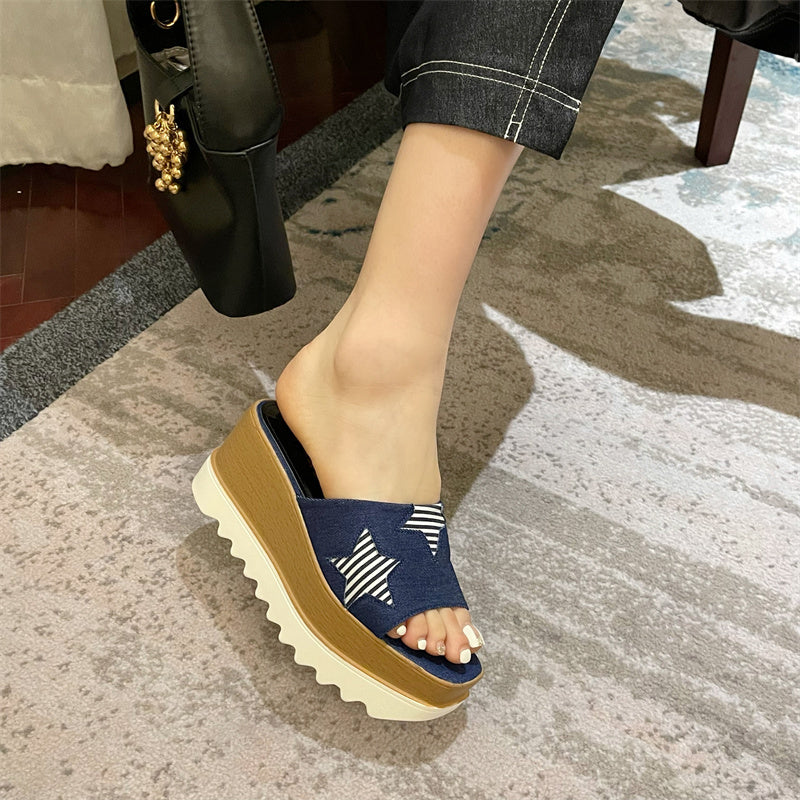 Dallas Star Denim Platform Slides