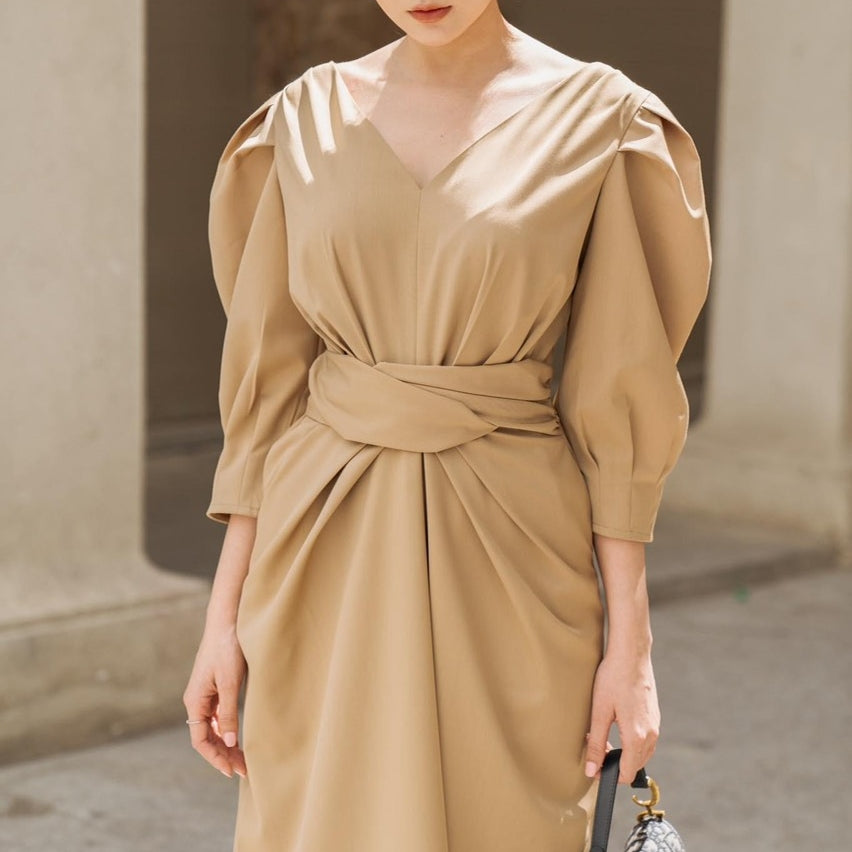 Criss Cross Waist Puff Sleeve Dress