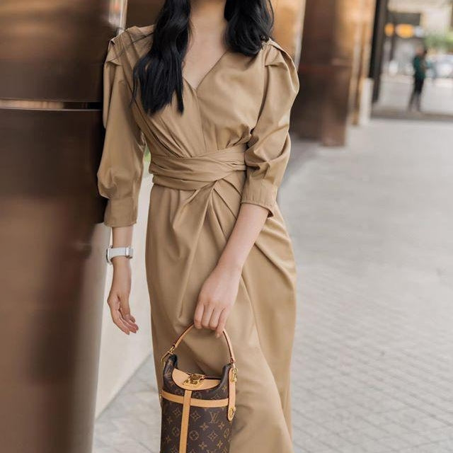 Criss Cross Waist Puff Sleeve Dress