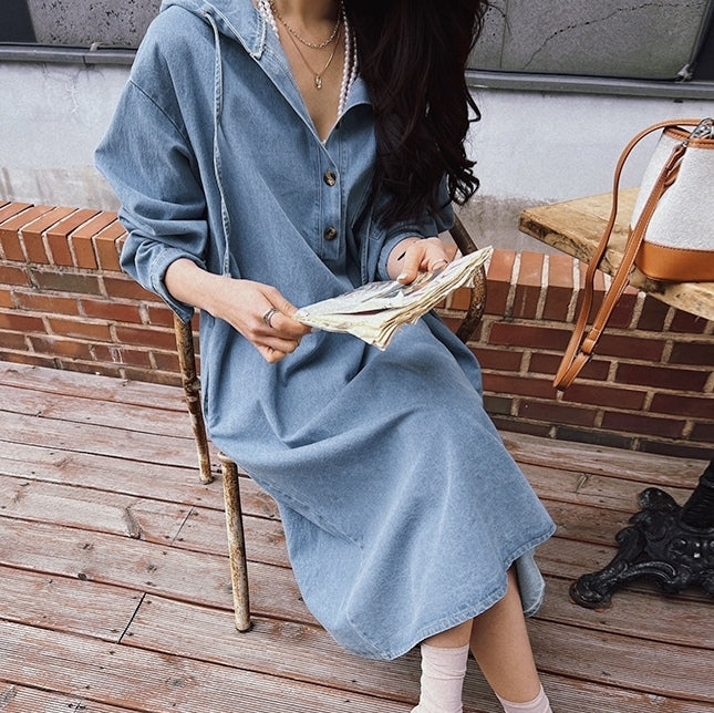 Hadia Denim Hooded Loose Fit Dress