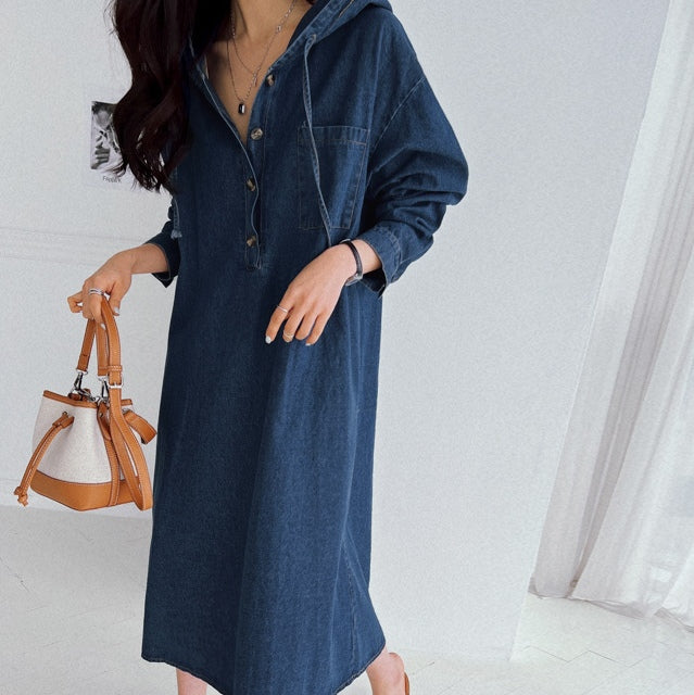 Hadia Denim Hooded Loose Fit Dress