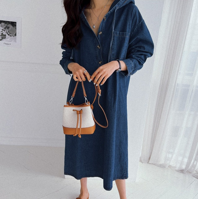 Hadia Denim Hooded Loose Fit Dress