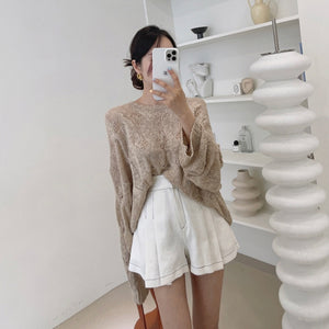 Delia Loose Fit Hollow Crochet Knit Top + Pleated Wide Leg Shorts