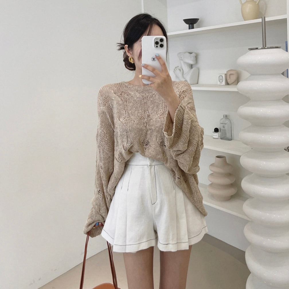 Delia Loose Fit Hollow Crochet Knit Top + Pleated Wide Leg Shorts