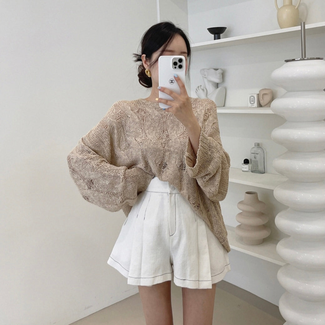 Delia Loose Fit Hollow Crochet Knit Top + Pleated Wide Leg Shorts