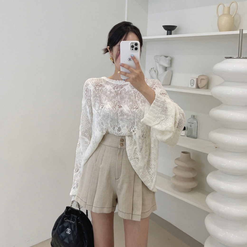 Delia Loose Fit Hollow Crochet Knit Top + Pleated Wide Leg Shorts