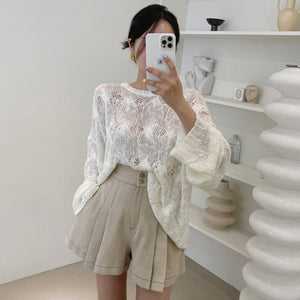 Delia Loose Fit Hollow Crochet Knit Top + Pleated Wide Leg Shorts