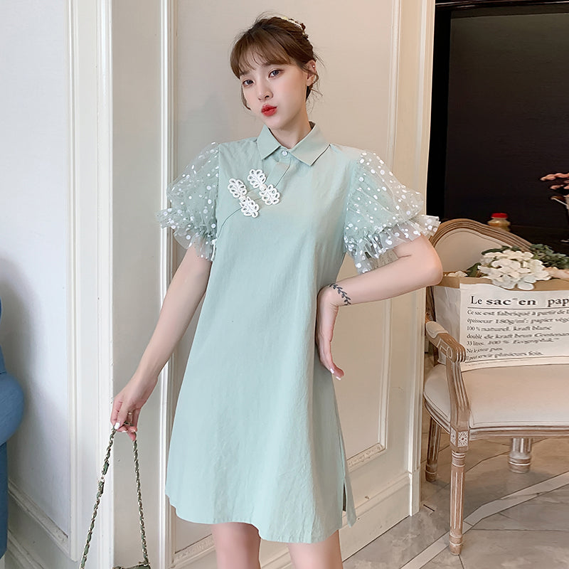 Organza Bubble Sleeve Cheongsam Dress