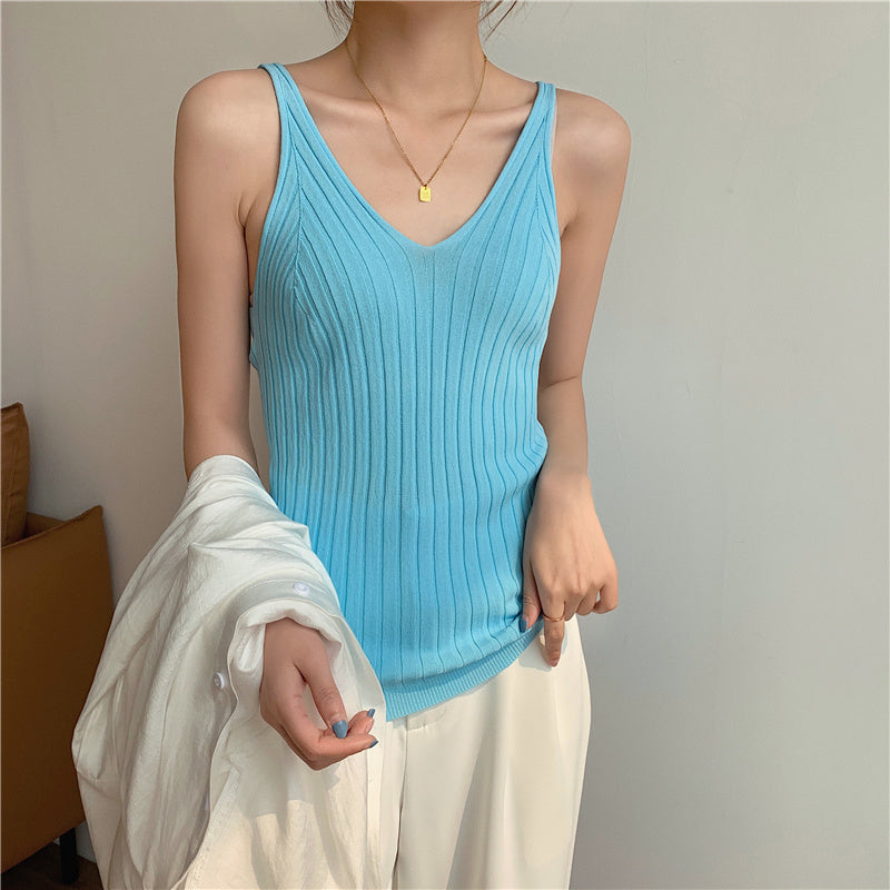 Sleeveless V-Neck Ripped Knit Top