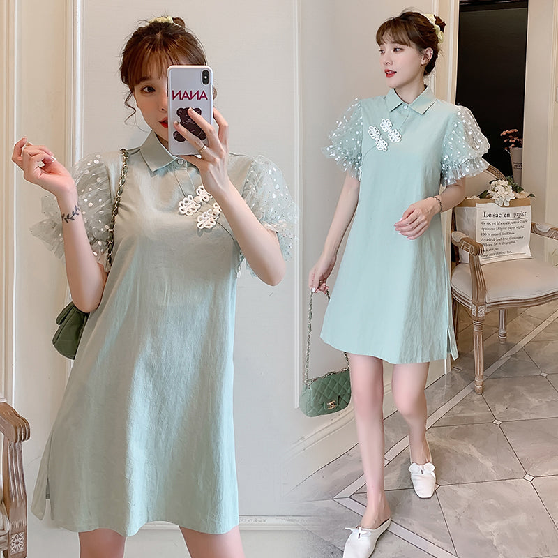 Organza Bubble Sleeve Cheongsam Dress