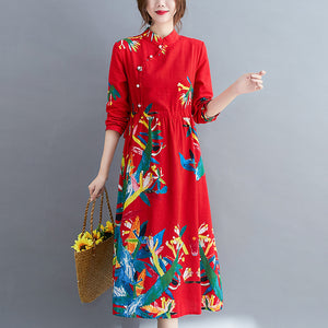 Floral Cheongsam Cotton Linen Dress